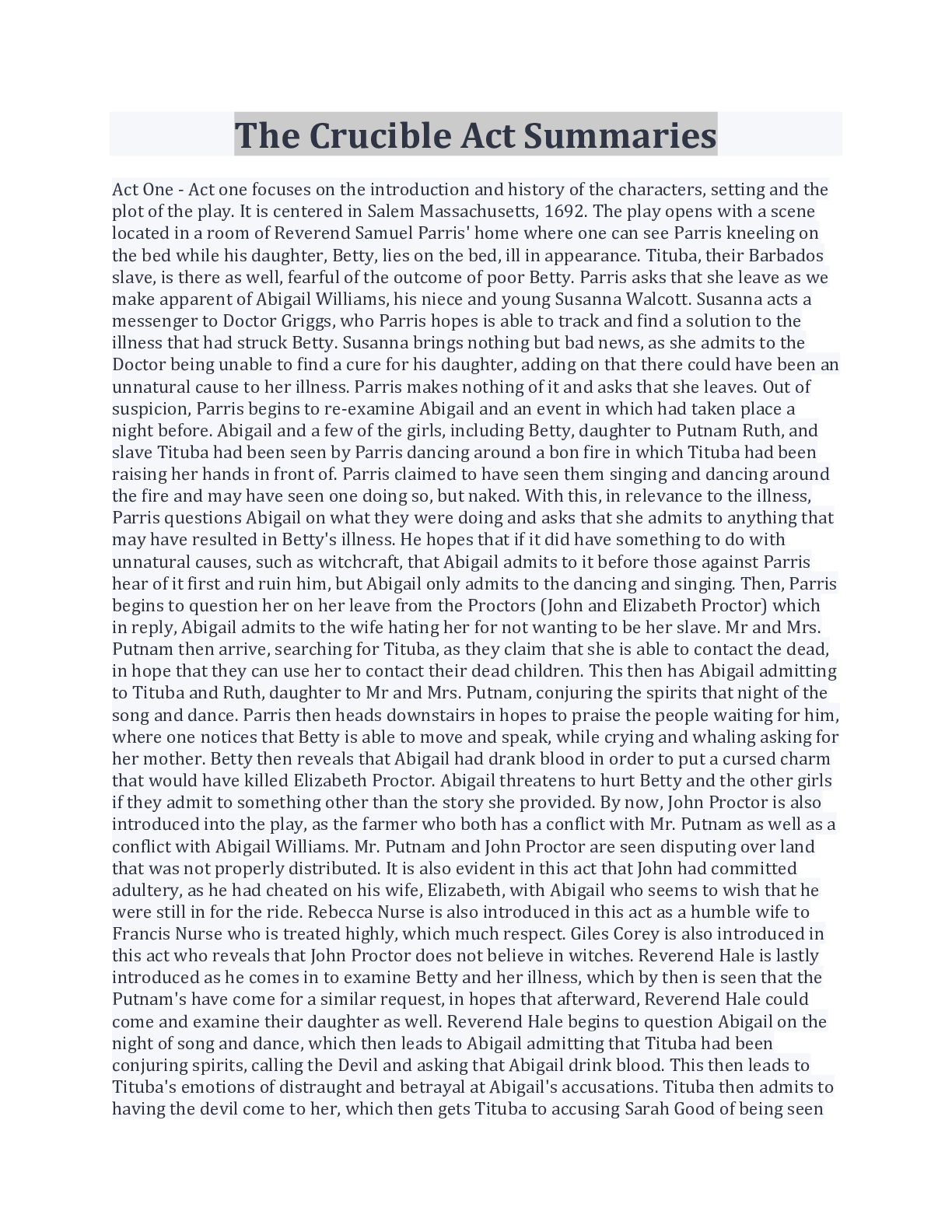 Preview image for The Crucible Act Summaries/  Play by Play